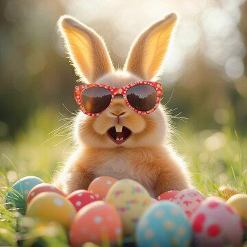 Cooler Osterhase mit bunten Eiern