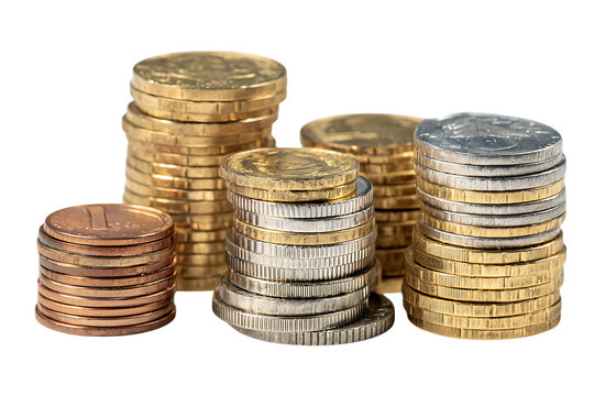 Various coins stacked high, representing wealth, finance, and savings.