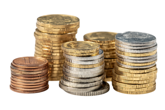 Various coins stacked high, representing wealth, finance, and savings.