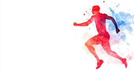 Vibrant watercolor depiction of runner in motion, showcasing energy and movement with splashes of red and blue