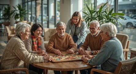 Group of older adults and a younger woman playing a board game at a round table indoors