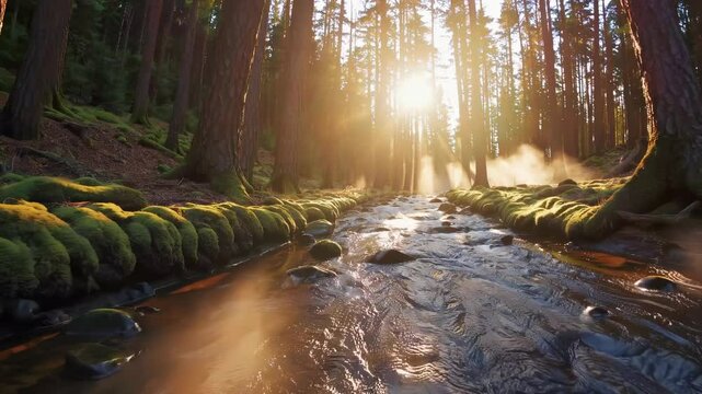 Stream rushes through green forest full of nature. Moss covers stones in forest where nature thrives. Pure stream shows harmony of forest and nature. Nature shapes stream path in wild forest.