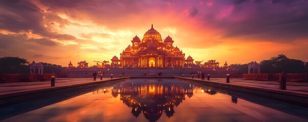 Obraz premium Akshardham Temple glowing under dramatic sunset skies with vibrant orange and purple hues