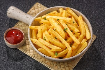 Kentang Goreng. French fries are deep-fried potato strips, typically salted and served with ketchup or other sauces.