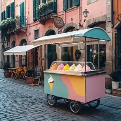 Italian gelato cart on cobblestone street, pastel colors
