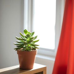 Flowerpot with green succulent and red curtains. Modern minimalism in interior design