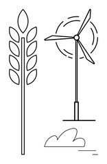 Wind turbine generating energy, tall wheat symbolizing agriculture, and a minimal cloud. Ideal for sustainability, green energy, eco-farming, renewable resources, nature, clean energy and a simple