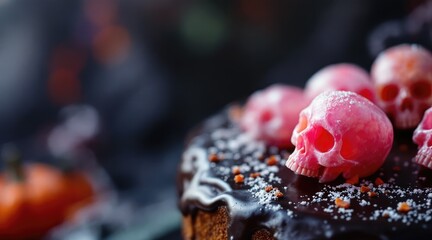 halloween cake skull creative. A chocolate cake topped with pink skull decorations, creating a spooky yet festive appearance, perfect for Halloween celebrations.