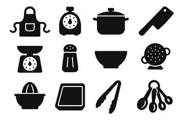 Black set of 12 chef icons. Minimal vector for food prep and professional cuisine.