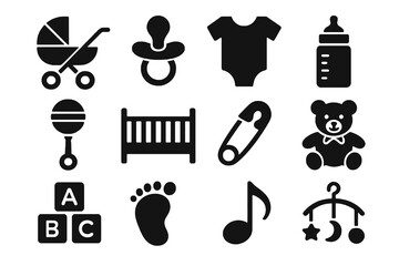 12 black baby icons. Solid vector for parenting, nursery, and infant care.