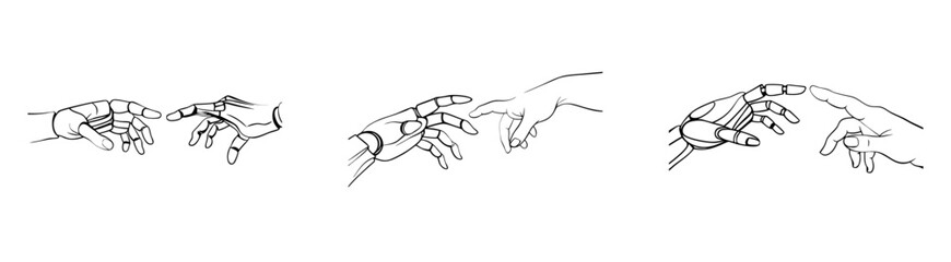 Minimal tech silhouette of robotic and human hand reaching out on white background
