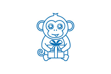Blue line art shows a cute monkey holding a beautiful present box with ribbon