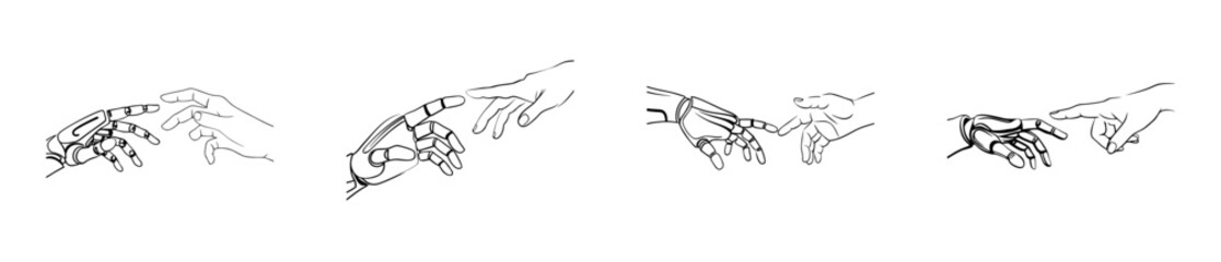 Silhouette of human and robotic hand touching, minimal design, white background
