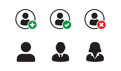 User icon set. Remove user. Person profile avatar with plus, add account symbol. Vector illustration eps 10