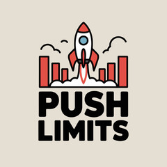 Motivational Graphic Design with Rocket and Growth simple graphic design featuring rocket launching above rising bar graphs the text PUSH LIMITS conveys message exceeding goals
