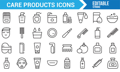 Icons of cosmetic and hygiene products, including bottles, creams, and brushes for design.