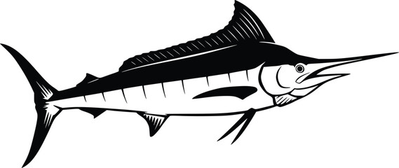 Fototapeta premium Silhouette of marlin fish in profile with elongated bill and dynamic tail fin