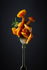 Pickled honey mushrooms garnished with rosemary.