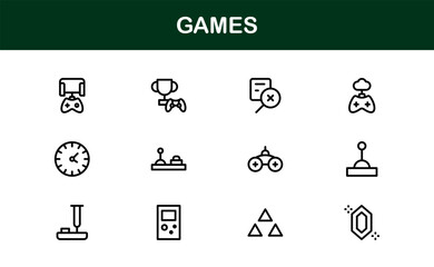 Games, modern line icon set featuring minimal, professional, and creative vector symbols perfect for digital design, apps, entertainment, and more.