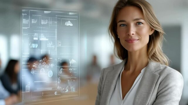 A businesswoman interacts with a futuristic touchscreen interface, enhancing productivity and innovation in her workspace.