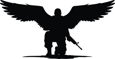 Fototapeta premium Silhouette illustration of angelic or mythical figure with large wings and sword, symbolizing power and guardianship