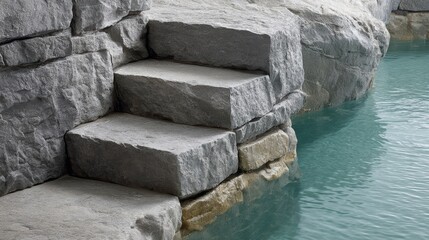 Tranquil escape, relaxing poolside oasis with stone wall and bench