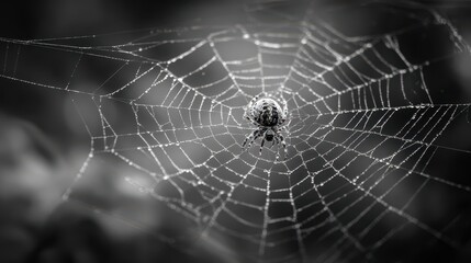 Black and White Macro Photo of Spider Web: Intricate Design with Rain Droplets