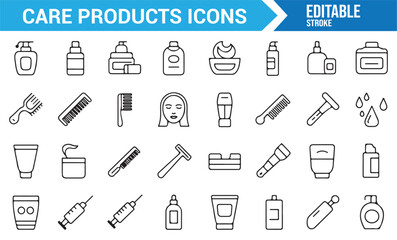 A collection of care product icons, including skincare, beauty, and cosmetic items such as creams, bottles, combs, and face masks in a minimalist line art style.