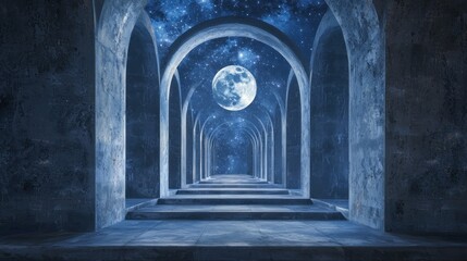 Mysterious stone arch tunnel night moon