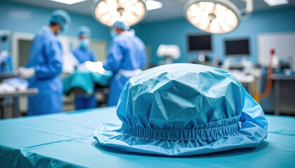 Blue surgical cap on an operating table with surgeons in the background showcasing surgical lights and medical equipment