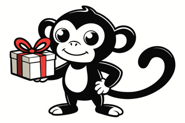 Cartoon monkey smiles while holding a gift box with a red ribbon on white