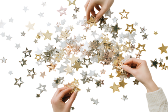 Hands arranging gold and silver stars. Teamwork, success, goals concept.