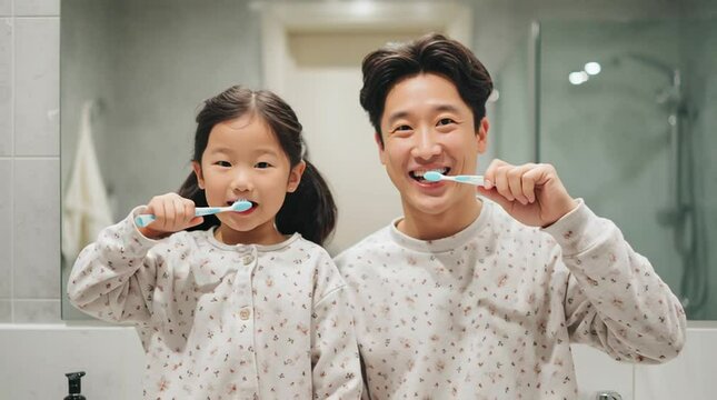 Morning Ritual: A warm embrace of family, as a father and daughter share a moment, diligently brushing their teeth, in a bathroom setting. Capturing the essence of routine and togetherness
