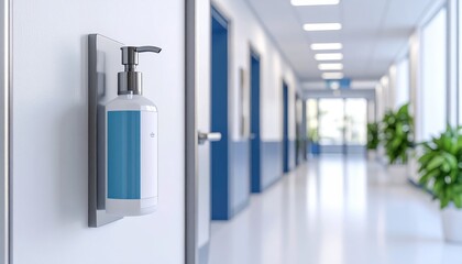 Wall mounted hand sanitizer dispenser with a silver pump in a hallway with blue doors and plants showing cleanliness