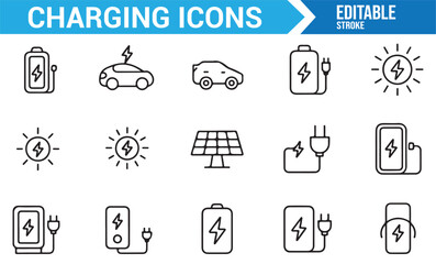 Set of renewable energy charging icons featuring solar power and electric vehicles.