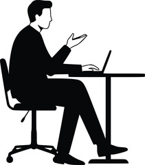 Silhouette illustration of a person seated at desk, gesturing and engaged in work or communication with a laptop