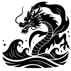 Black dragon illustration in waves, Japanese style design element.