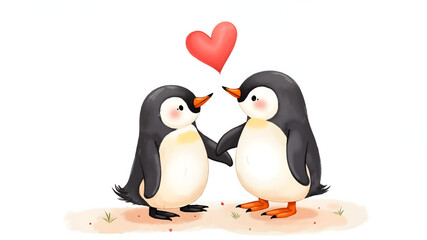 Obraz premium Cute watercolor illustration, Valentine's day card, Birthday, declaration of love. Penguin gives a heart 