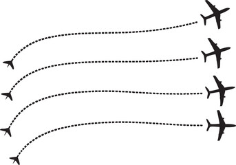 Airplane icon set. Flight transport symbol. Airplane icon black vector with line trace. Travel flat illustration vector. Airplane silhouette on white background. Travel symbol. EPS 10