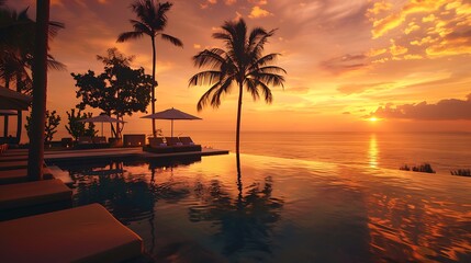 Serene Tropical Beach Resort Infinity Pool at Vibrant Sunset Reflection