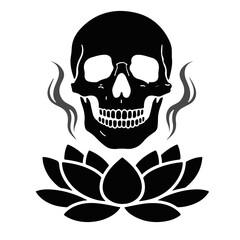 Black skull with smoke above lotus flower design element, illustration