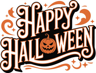 Retro Happy Halloween Typography Design with Spooky Pumpkin Stars and Swirls Perfect for Holiday Greetings Invitations and Decorations with a Vintage and Festive Vibe