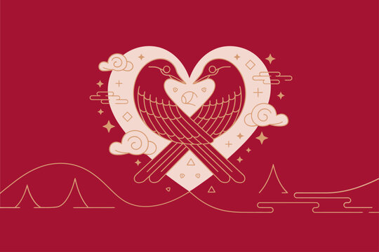 Qixi festival round badge with red and beige elements featuring love symbol and traditional Asian styling  