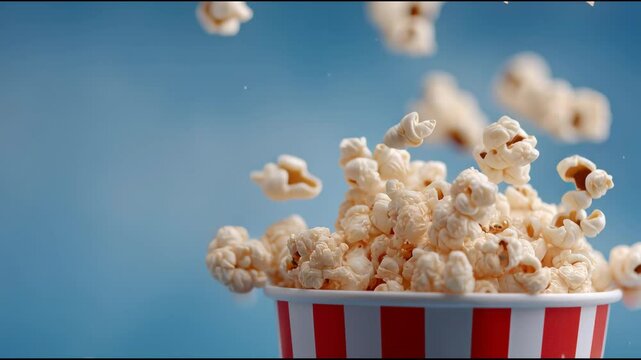 Cinematic popcorn in classic striped container close-up