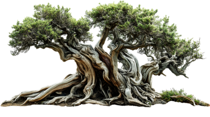Large ancient trees with twisted branches and sprawling roots,  on a transparent  background