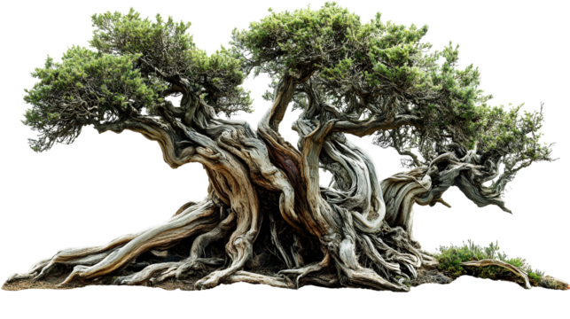 Large ancient trees with twisted branches and sprawling roots,  on a transparent  background