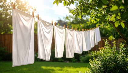 White Laundry Drying On Clothesline In Backyard Garden