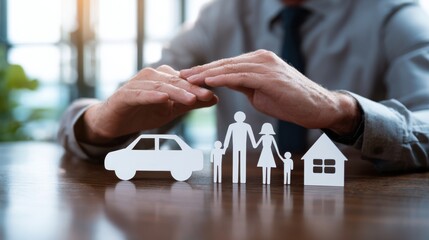 The hands protecting paper family, car, and house models on a table.
