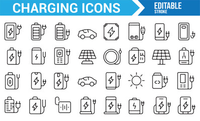 Various charging icons for digital designs, featuring power sources like solar and battery chargers.