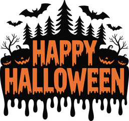 Spooky Happy Halloween Design with Dripping Letters Bats Trees and Pumpkins for Holiday Celebrations and Decorations Perfect for Invitations Posters and Festive Themed Projects